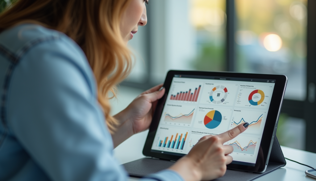 Professional reviewing data on a tablet in an office.