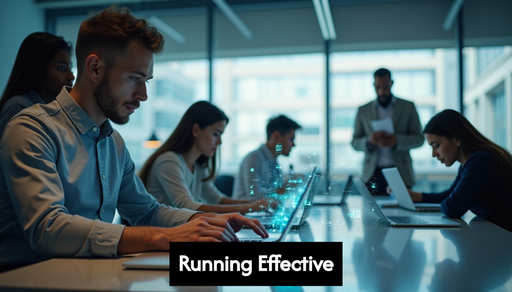 Diverse workers collaborating in a futuristic office setting.