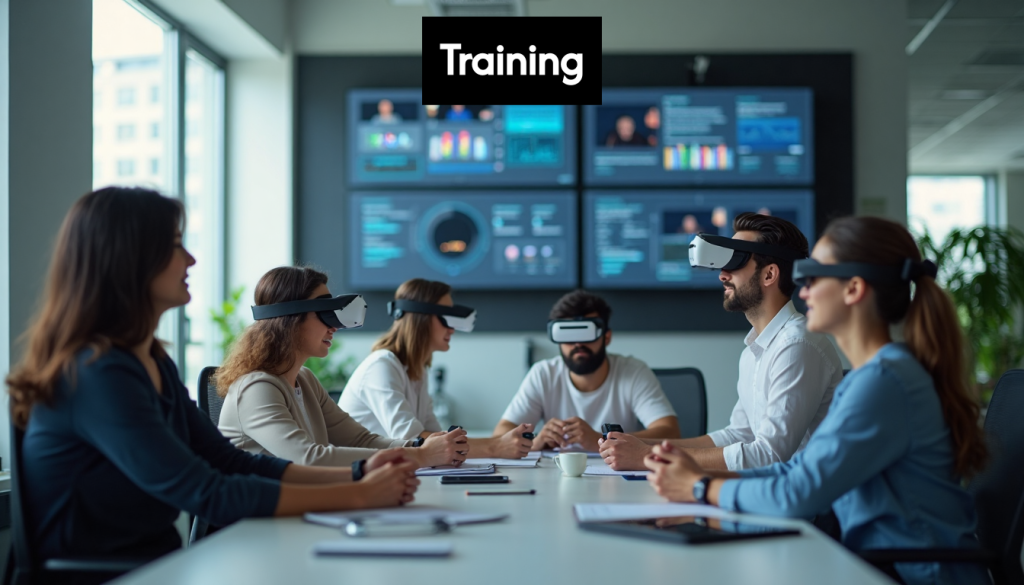 Professionals training with digital technology and VR headsets.