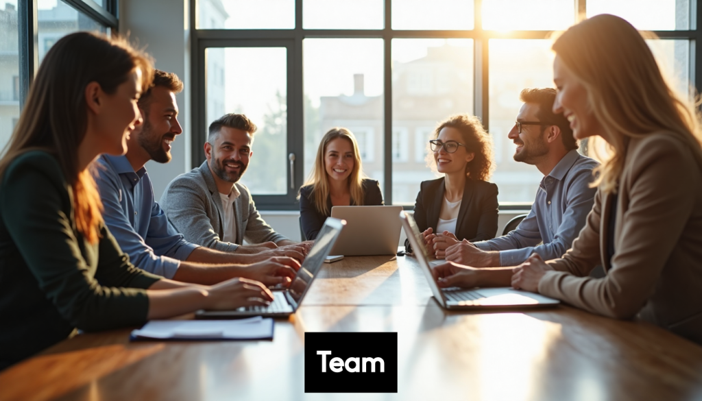 Diverse professional team collaborating in a modern office.