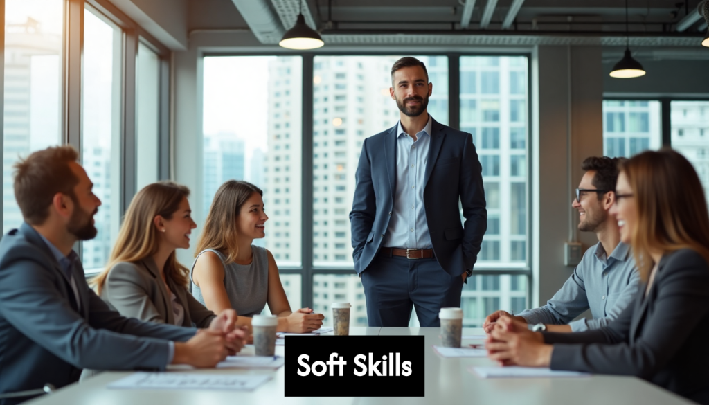 Manager leading diverse team in modern office