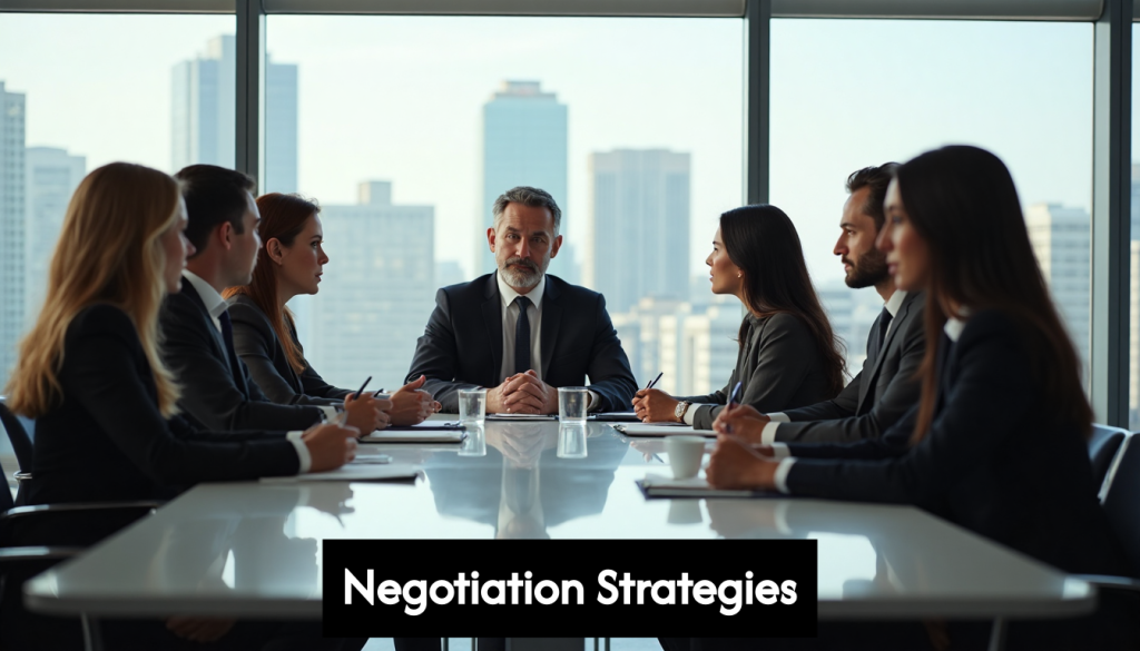Team negotiating in modern office boardroom