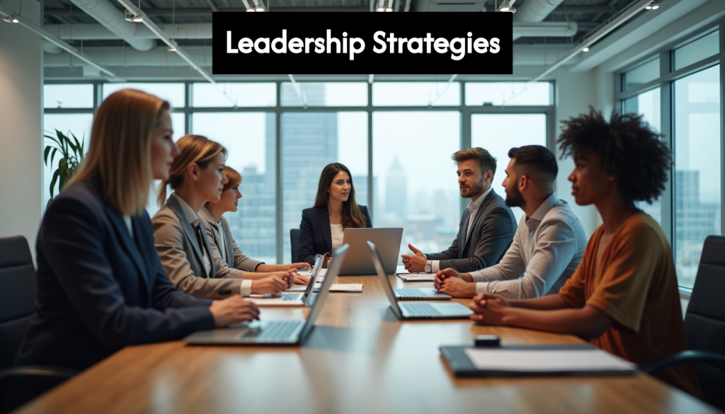 Diverse business team discussing leadership in modern office