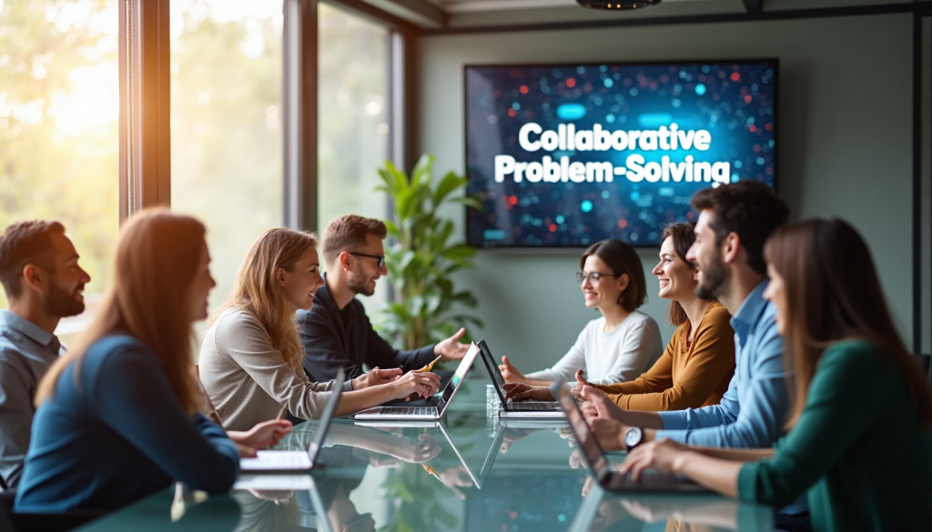 Diverse team collaborating in a bright office with a digital display