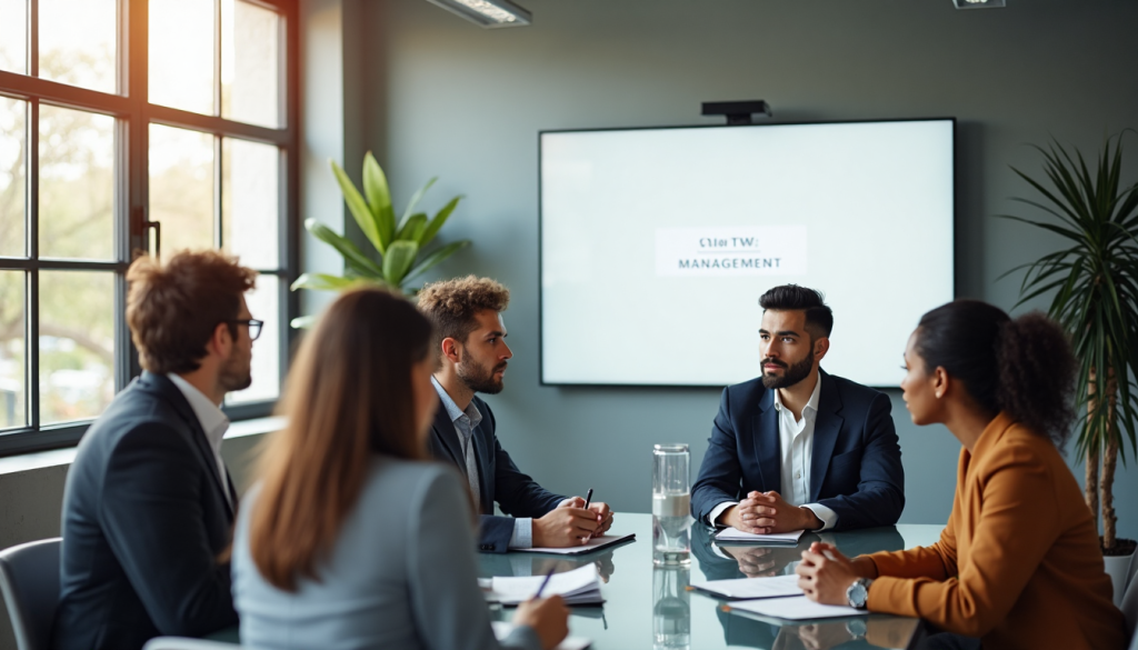 Diverse team in open office with 'Talent Management' on screen