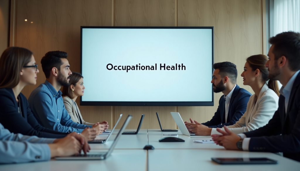 Professionals learning occupational health in bright meeting room