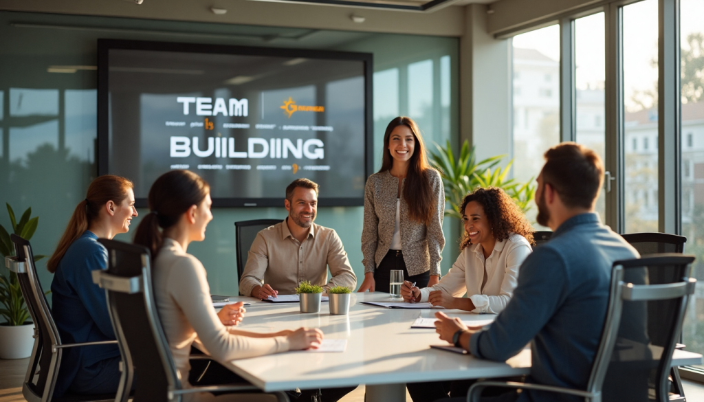 Team collaborating at modern office table, 'Team Building' on screen