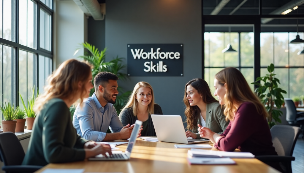 Diverse colleagues collaborate in modern, sunlit office setting