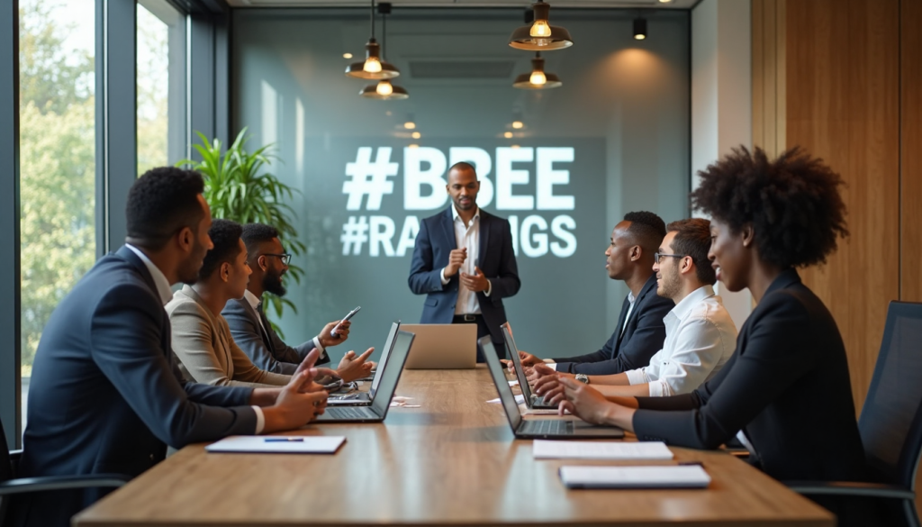 Diverse professionals discussing around modern boardroom table with BBBEE Ratings text on screen