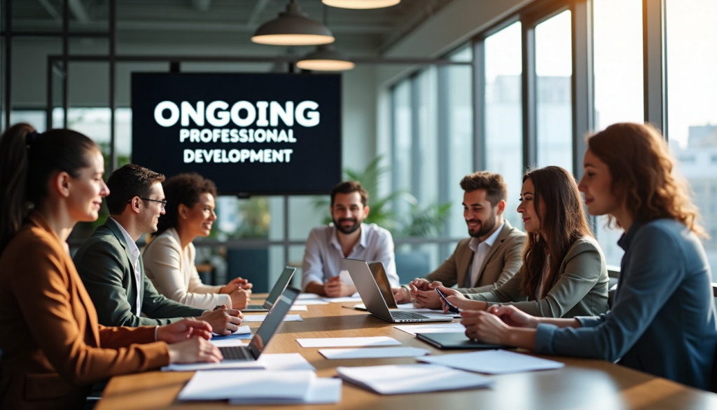 Team collaborating in sunny modern office with development message on screen
