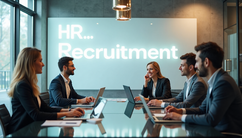 HR team collaborates in modern sunlight office space