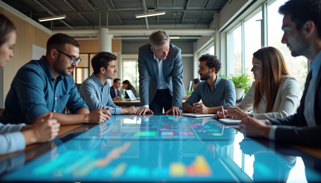 Modern office team collaborating on digital training trends dashboard