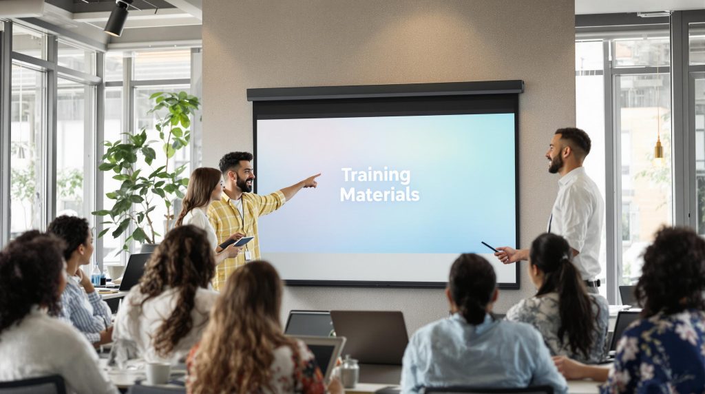 Team collaborating in modern office, reviewing interactive training materials on screen