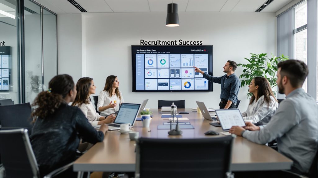 Modern office with recruitment team using digital tools and wall sign reading Recruitment Success