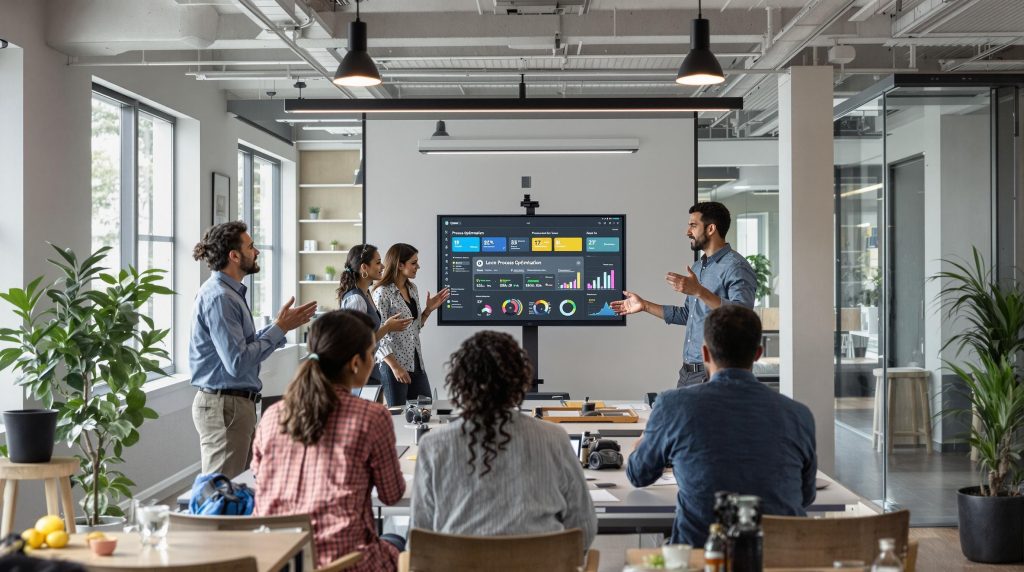 Team collaborating on process optimization in modern office with workflow diagrams