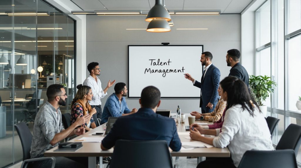 Diverse team collaborating in office with 'Talent Management' on whiteboard