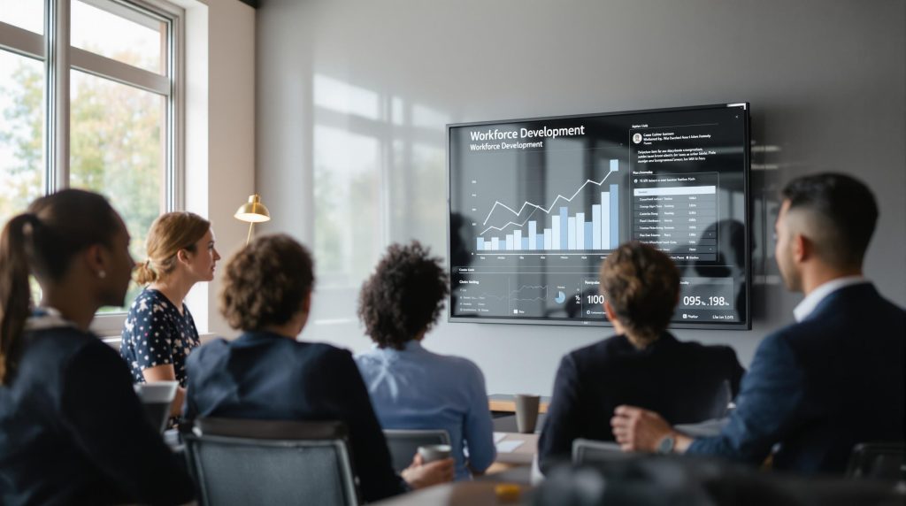 Diverse professionals collaborate in a bright office with 'Workforce Development' displayed on a screen