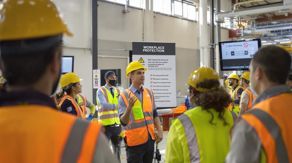 Safety officer leads engaged team in industrial safety training session